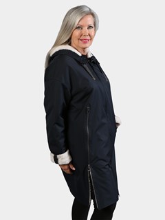 Woman's Navy Hooded Raincoat with Cream Ironed Fleece Lining