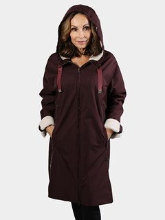 Woman's Burgundy Hooded Raincoat with Cream Ironed Fleece Lining