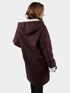 Woman's Burgundy Hooded Raincoat with Cream Ironed Fleece Lining