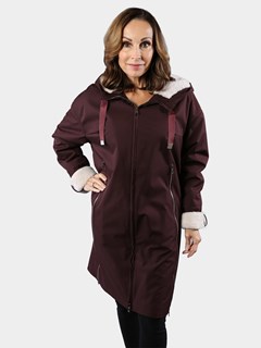 Woman's Burgundy Hooded Raincoat with Cream Ironed Fleece Lining