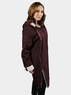 Woman's Burgundy Hooded Raincoat with Cream Ironed Fleece Lining