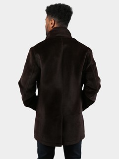 Man's Brown Suri Alpaca Wool 3/4 Coat with Cognac Lambskin Trimmed Double Collar