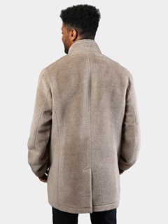 Man's Tan Suri Alpaca Wool Coat with Brown Lambskin Trimmed Double Collar