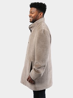 Man's Tan Suri Alpaca Wool Coat with Brown Lambskin Trimmed Double Collar
