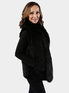 Woman's Black Knit Mink Fur Vest with Fox Trim