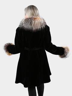 Woman's Black Sheared Mink Fur Stroller with Fox Trim