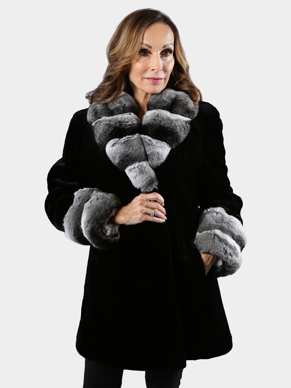 Woman's Black Sheared Mink Fur Stroller with Chinchilla Trim