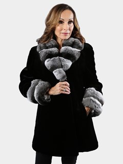 Woman's Black Sheared Mink Fur Stroller with Chinchilla Trim