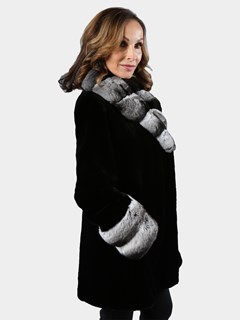 Woman's Black Sheared Mink Fur Stroller with Chinchilla Trim