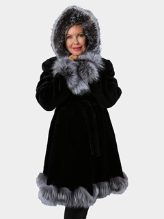 Woman's Black Sheared Mink Fur Stroller with Natural Silver Fox Trim