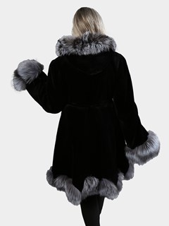 Woman's Black Sheared Mink Fur Stroller with Natural Silver Fox Trim