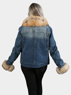 Woman's Blue Jean Denim Jacket with Raccoon Cuffs, Collar, and Tuxedo