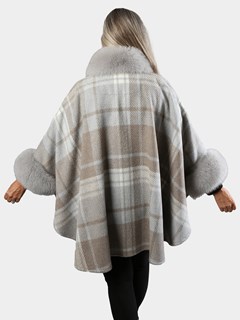 Woman's Loro Piana Gray and Taupe Plaid Wool Cape with Blue Fox Fur Collar and Cuffs
