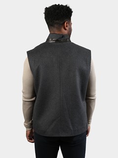 Man's Gray and Black Wool Vest with Astra Shearling Lining and Leather Trim