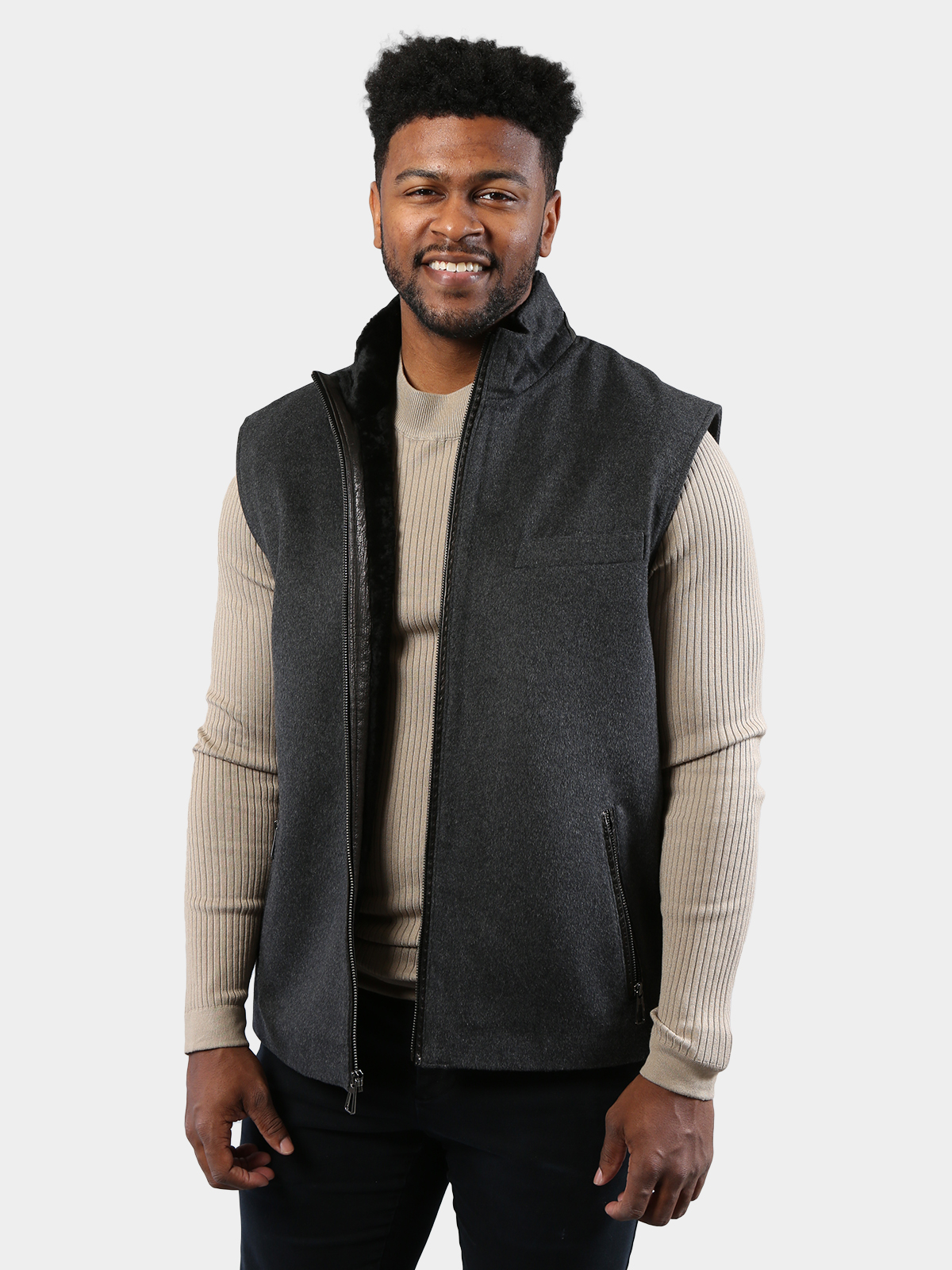 Man's Gray and Black Wool Vest with Astra Shearling Lining and Leather Trim