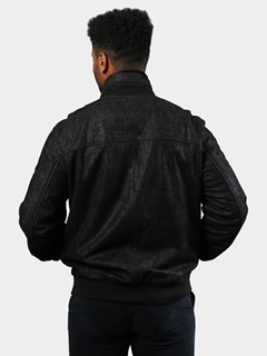 Man's Black Printed Lambskin Suede Leather Jacket with Detachable Shearling Collar