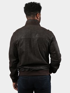 Man's Brown Printed Lambskin Suede Leather Jacket with Detachable Shearling Collar