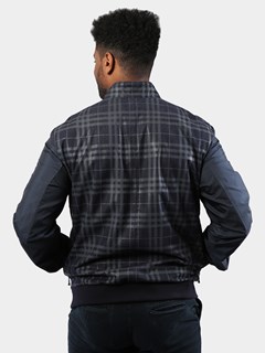 Man's Navy Plaid Suede Leather and Nylon Jacket