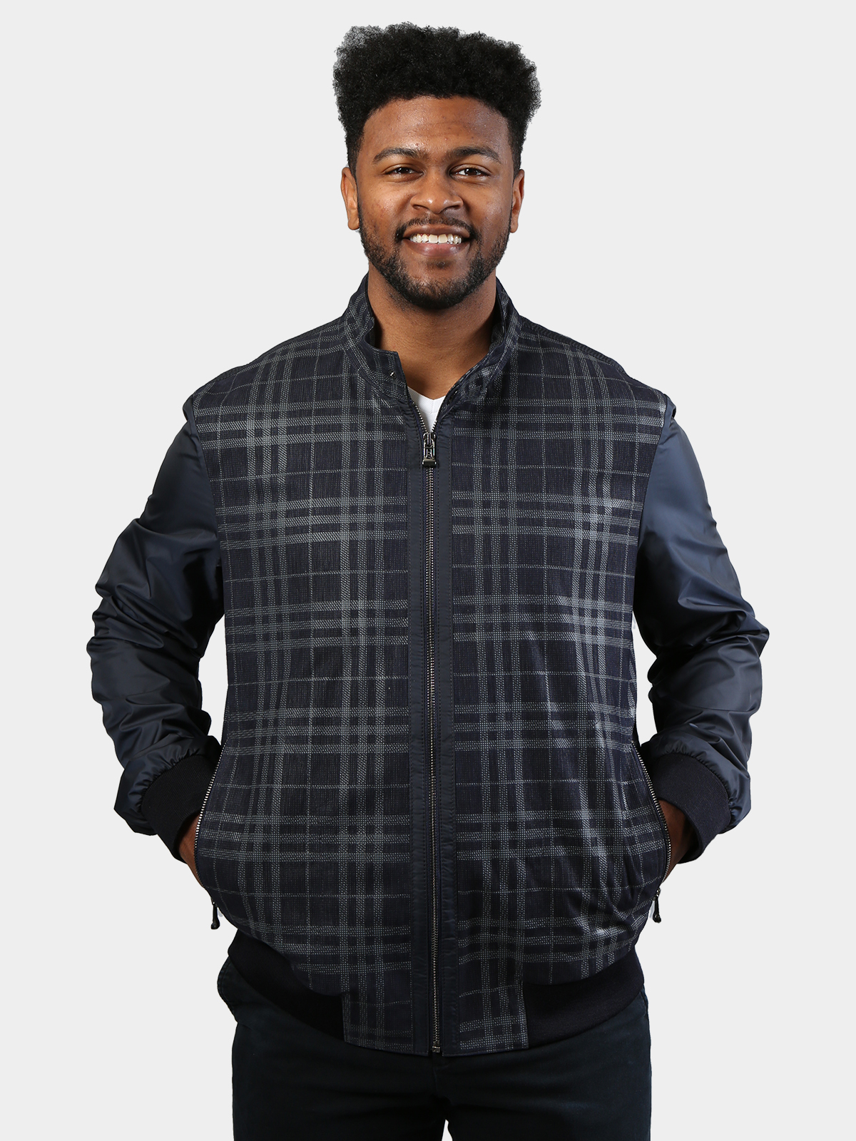 Man's Navy Plaid Suede Leather and Nylon Jacket