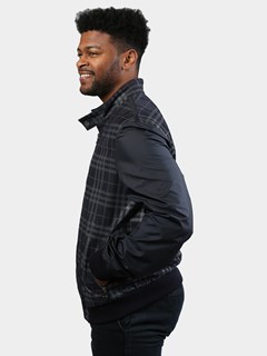 Man's Navy Plaid Suede Leather and Nylon Jacket