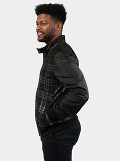 Man's Black Plaid Suede Leather and Nylon Jacket