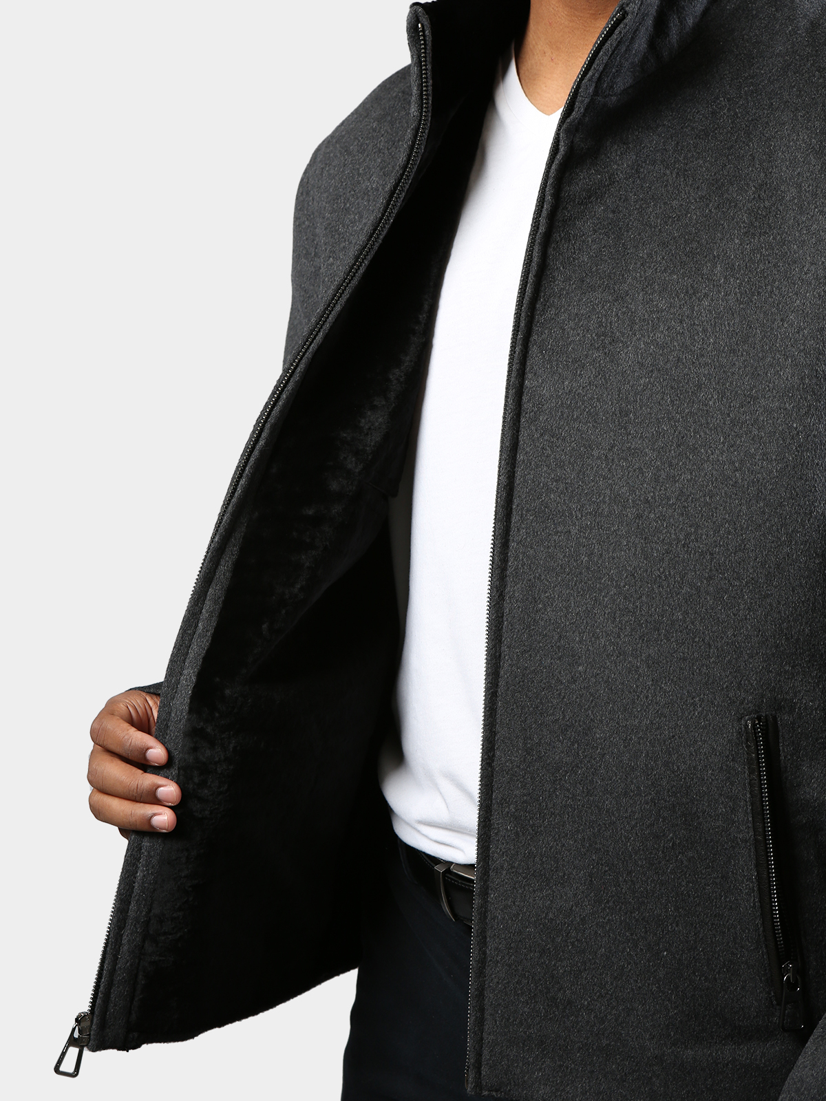 Man's Gray Wool Jacket with Black Astra Shearling Lining