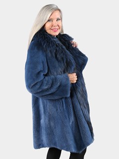 Woman's Midnight Blue Mink Fur Stroller with Blue Dyed Fox Collar and Fronts