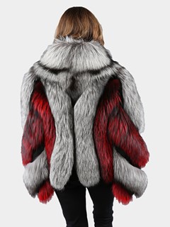 Woman's Natural Silver Fox and Red Dyed Fox Fur Jacket with Black Rex Rabbit Inserts