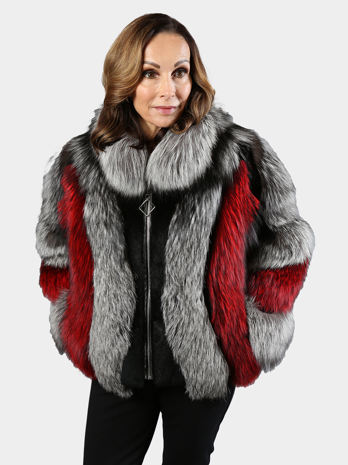 Woman's Natural Silver Fox and Red Dyed Fox Fur Jacket with Black Rex Rabbit Inserts