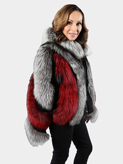 Woman's Natural Silver Fox and Red Dyed Fox Fur Jacket with Black Rex Rabbit Inserts