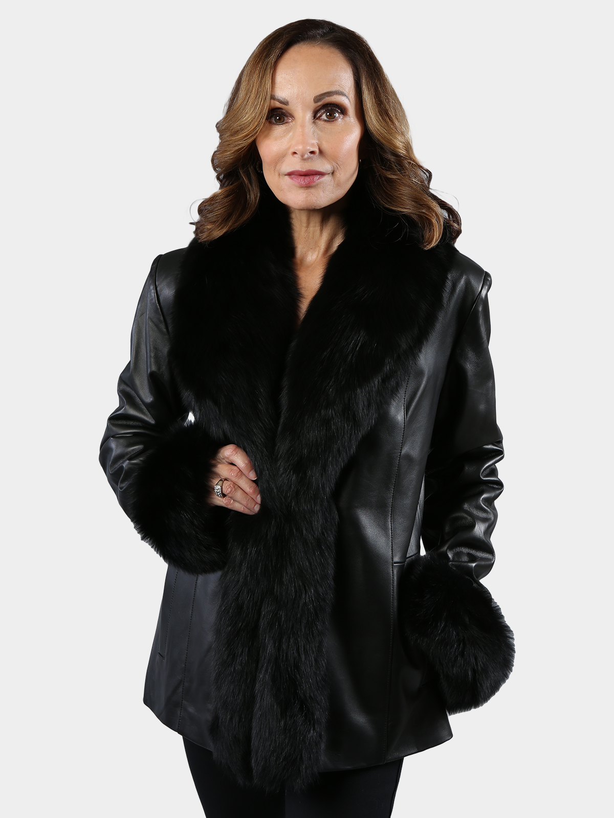 Woman's Black Leather Jacket with Fox Trim
