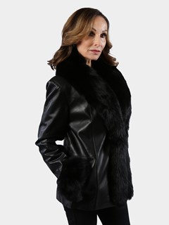 Woman's Black Leather Jacket with Fox Trim