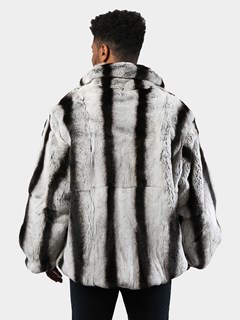 Man's Black Leather Jacket with Chinchilla Dyed Rex Rabbit