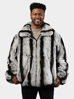 Man's Black Leather Jacket with Chinchilla Dyed Rex Rabbit