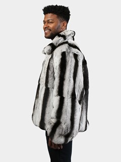 Man's Black Leather Jacket with Chinchilla Dyed Rex Rabbit