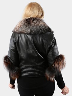 Woman's Black Leather Jacket with Silver Brown Fox Trim