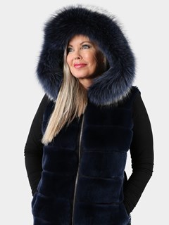 Woman's Navy Hooded Metallic Fabric and Rex Rabbit Fur Vest with Silver Fox Trim