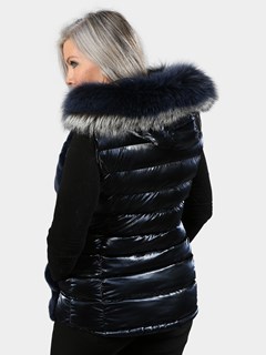 Woman's Navy Hooded Metallic Fabric and Rex Rabbit Fur Vest with Silver Fox Trim