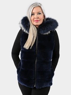 Woman's Navy Hooded Metallic Fabric and Rex Rabbit Fur Vest with Silver Fox Trim