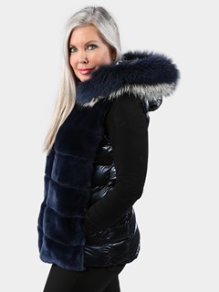 Woman's Navy Hooded Metallic Fabric and Rex Rabbit Fur Vest with Silver Fox Trim