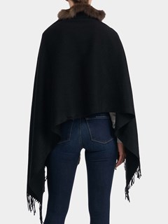 Woman's Black Cashmere Stole with Sable S-Cut Knit Ruffle and Cashmere Fringes