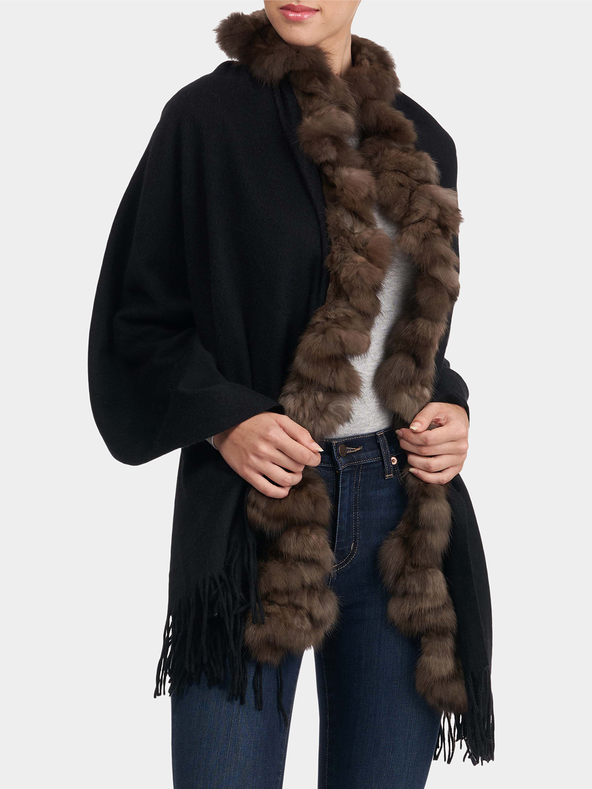 Woman's Black Cashmere Stole with Sable S-Cut Knit Ruffle and Cashmere Fringes