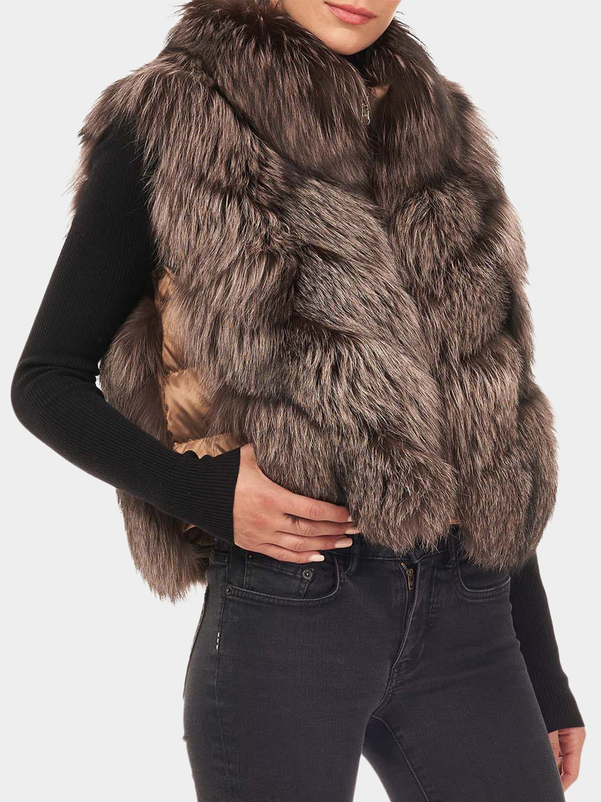 Woman's Pink Silver Fox Chevron Fur Vest Reversible to Down