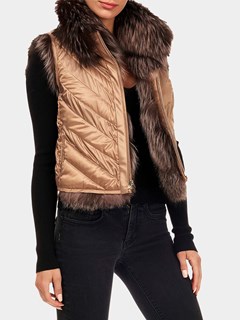 Woman's Pink Silver Fox Chevron Fur Vest Reversible to Down