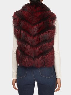 Woman's Red Silver Fox Chevron Fur Vest Reversible to Down