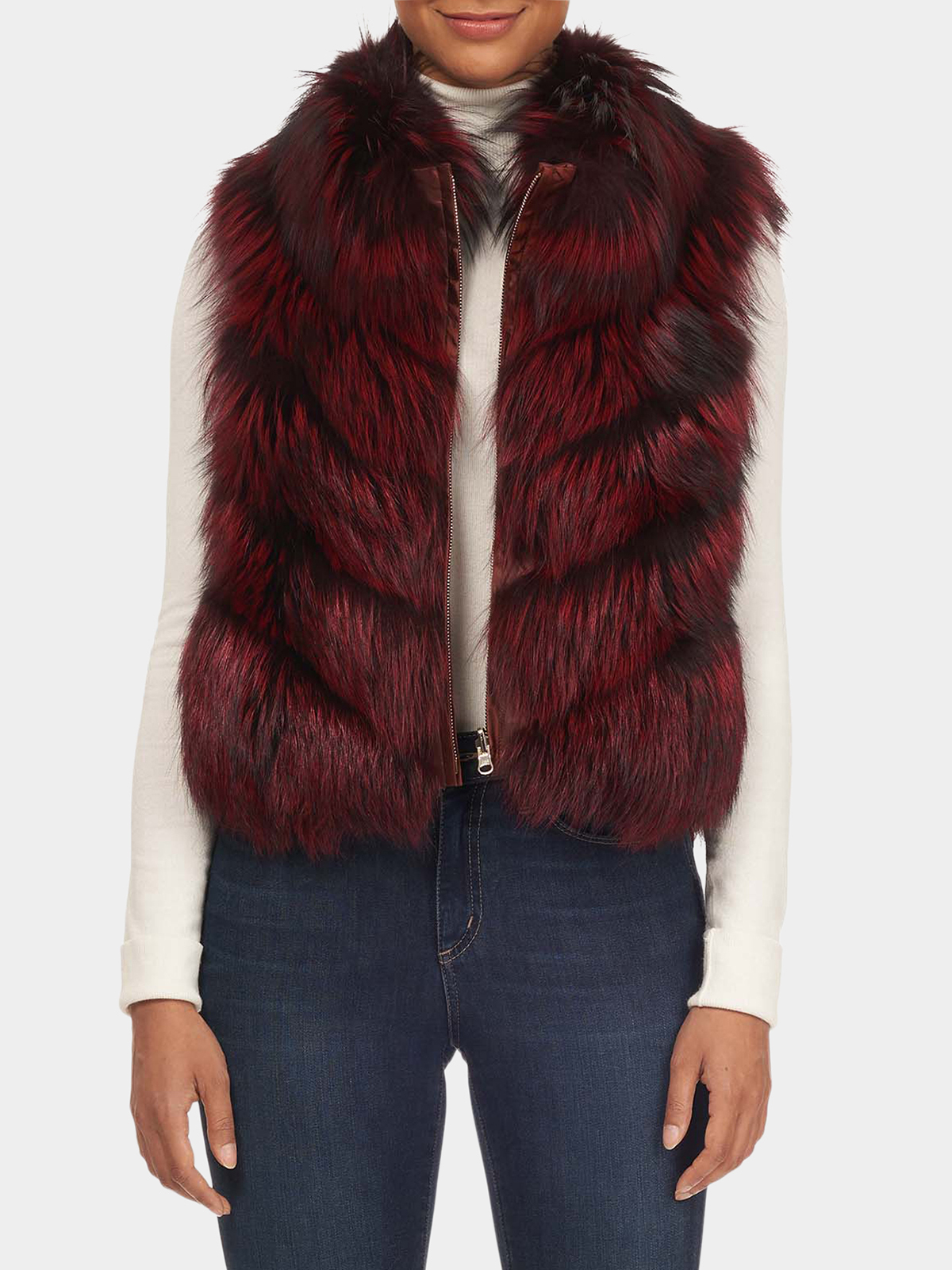 Woman's Red Silver Fox Chevron Fur Vest Reversible to Down