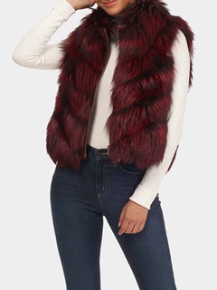 Woman's Red Silver Fox Chevron Fur Vest Reversible to Down