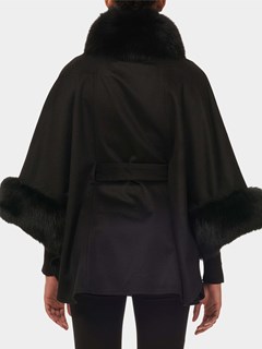 Woman's Black Cashmere Belted Cape with Fox Collar and Cuffs