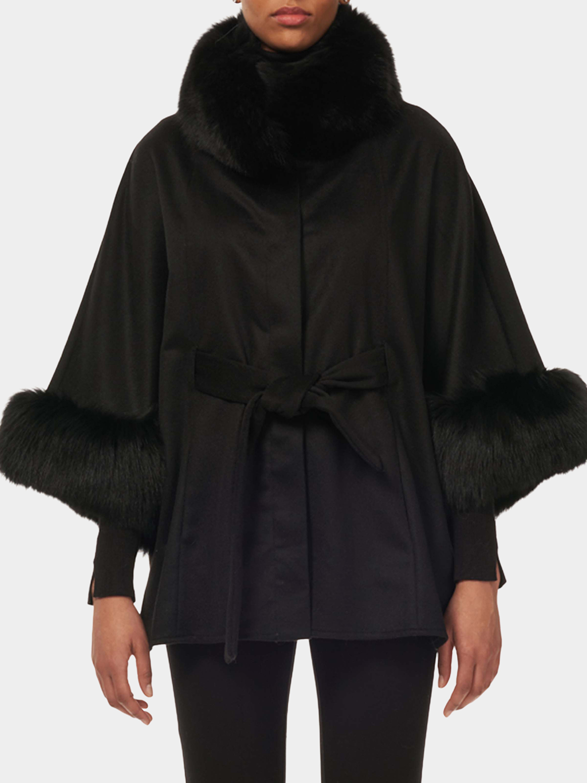 Woman's Black Cashmere Belted Cape with Fox Collar and Cuffs