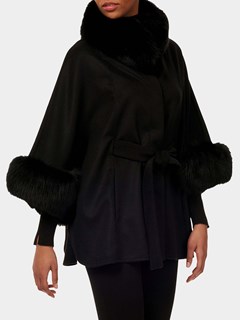 Woman's Black Cashmere Belted Cape with Fox Collar and Cuffs